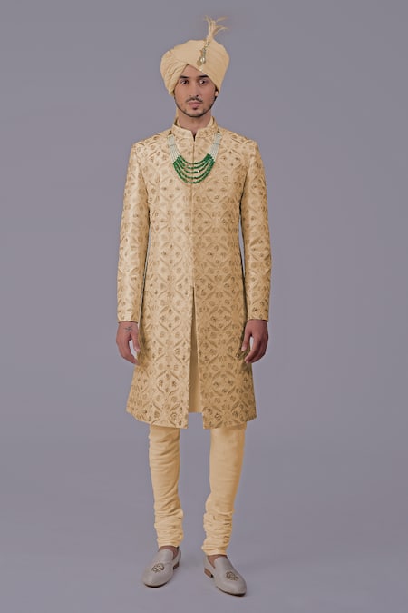 Talking Threads_Gold Silk Embroidered Thread Floral Jaal Sherwani Set  _at_Aza_Fashions