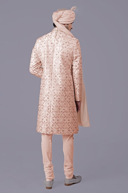 Shop Talking Threads Pink Silk Embroidered Thread Floral Jaal Sherwani Set at Aza Fashions Shop_Talking Threads_Pink Silk Embroidered Thread Floral Jaal Sherwani Set _at_Aza_Fashions