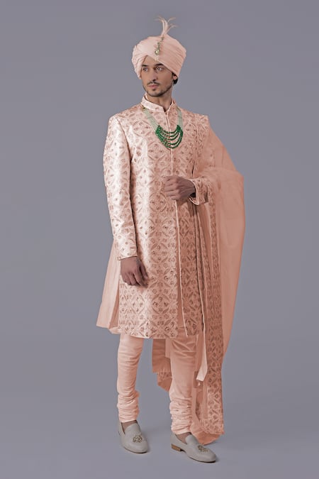 Talking Threads Pink Silk Embroidered Thread Floral Jaal Sherwani Set Online at Aza Fashions Talking Threads_Pink Silk Embroidered Thread Floral Jaal Sherwani Set _Online_at_Aza_Fashions