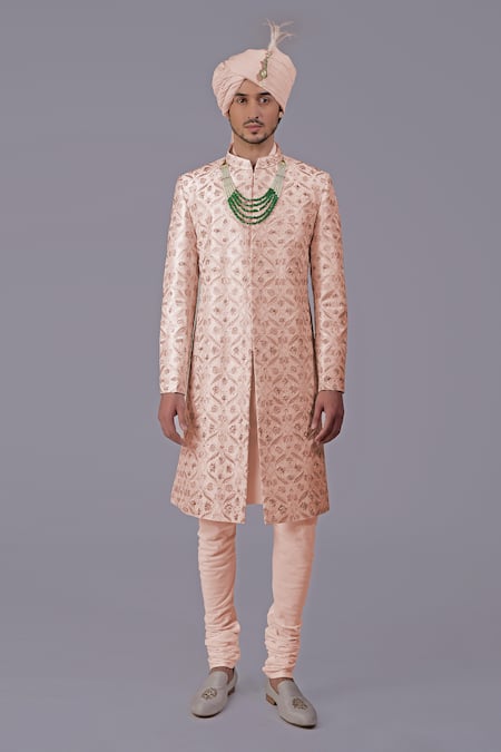 Buy Talking Threads Pink Silk Embroidered Thread Floral Jaal Sherwani Set Online at Aza Fashions Buy_Talking Threads_Pink Silk Embroidered Thread Floral Jaal Sherwani Set _Online_at_Aza_Fashions