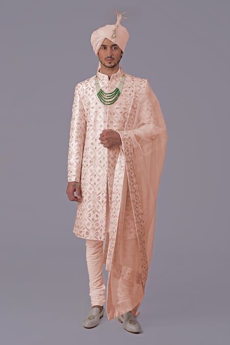 Shop Talking Threads Pink Silk Embroidered Thread Floral Jaal Sherwani Set Online at Aza Fashions Shop_Talking Threads_Pink Silk Embroidered Thread Floral Jaal Sherwani Set _Online_at_Aza_Fashions