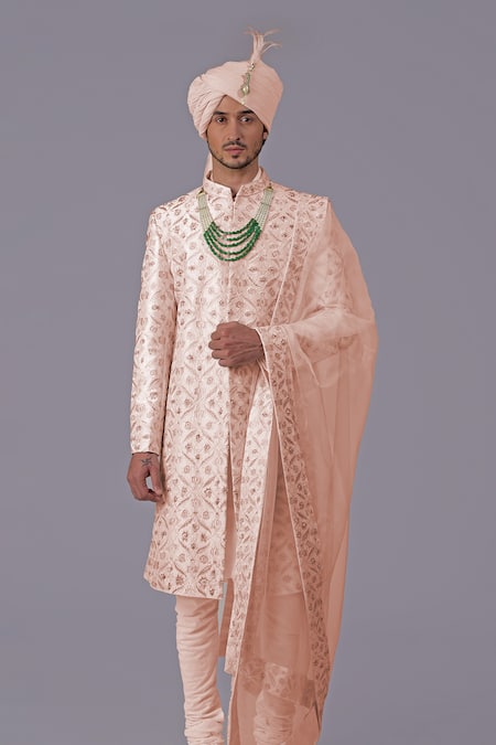 Talking Threads Pink Silk Embroidered Thread Floral Jaal Sherwani Set at Aza Fashions Talking Threads_Pink Silk Embroidered Thread Floral Jaal Sherwani Set _at_Aza_Fashions