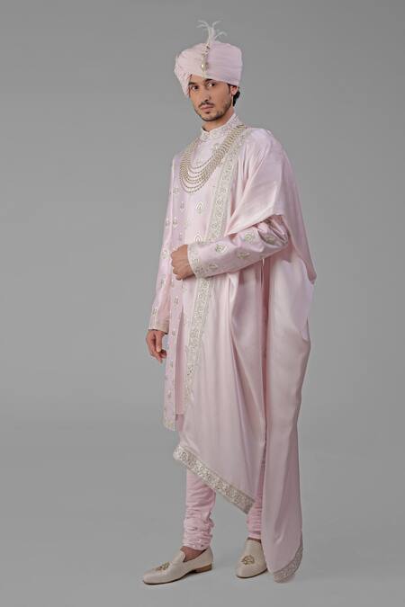 Talking Threads_Pink Silk Beads, Embroidery Chikan Sherwani Set_Online_at_Aza_Fashions