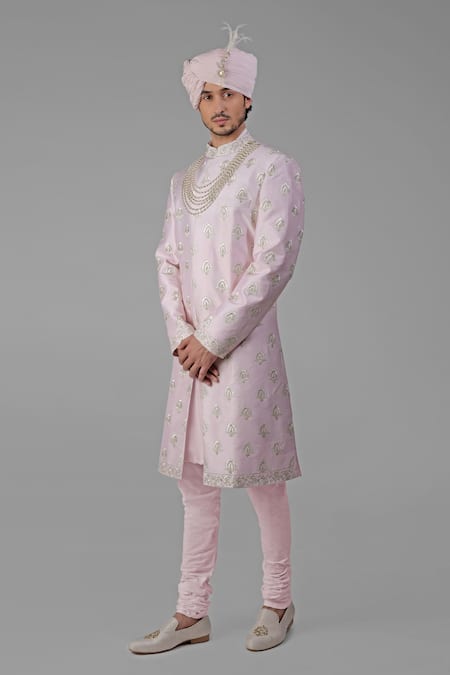 Buy_Talking Threads_Pink Silk Beads, Embroidery Chikan Sherwani Set_Online_at_Aza_Fashions
