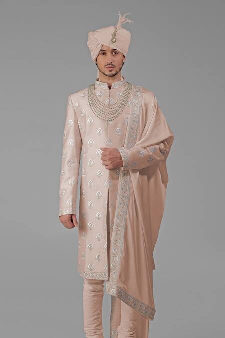 Shop_Talking Threads_Beige Silk Embroidered Floral Sherwani Set  _at_Aza_Fashions