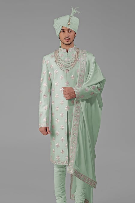 Shop Talking Threads Green Silk Embroidered Floral Sherwani Set at Aza Fashions Shop_Talking Threads_Green Silk Embroidered Floral Sherwani Set _at_Aza_Fashions