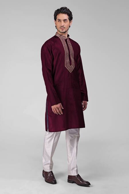 Buy_Talking Threads_Maroon Silk Sequins, Beads Embroidered Straight Kurta And Pant Set_Online_at_Aza_Fashions