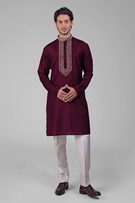 Shop_Talking Threads_Maroon Silk Sequins, Beads Embroidered Straight Kurta And Pant Set_Online_at_Aza_Fashions
