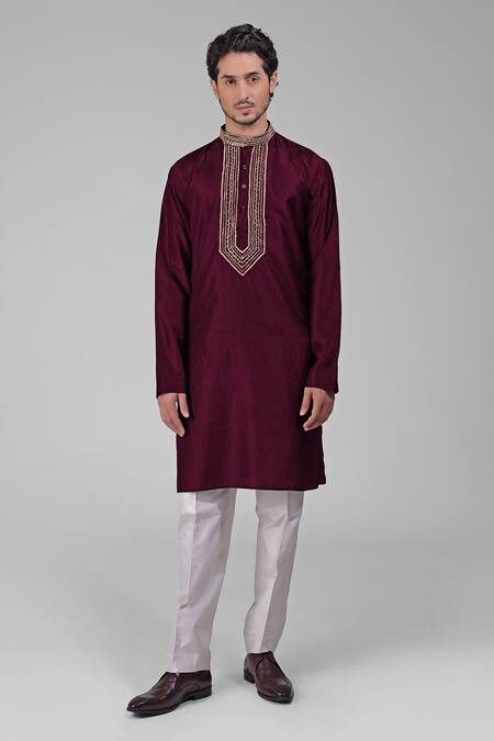 Buy_Talking Threads_Maroon Silk Sequins, Beads Embroidered Straight Kurta And Pant Set