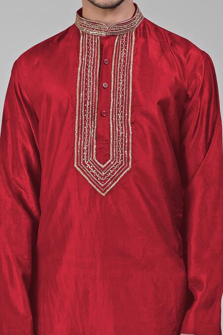 Talking Threads_Red Silk Embroidered Sequins Kurta And Pant Set  _at_Aza_Fashions
