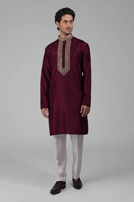 Talking Threads_Maroon Silk Sequins, Beads Embroidered Kurta_Online_at_Aza_Fashions