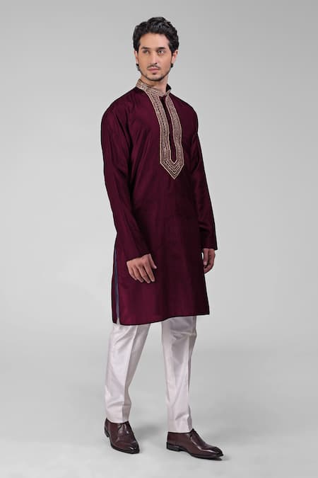 Buy_Talking Threads_Maroon Silk Sequins, Beads Embroidered Kurta_Online_at_Aza_Fashions
