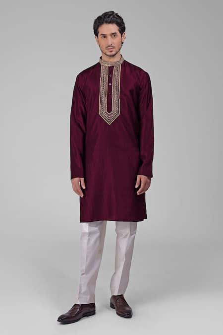 Shop_Talking Threads_Maroon Silk Sequins, Beads Embroidered Kurta_Online_at_Aza_Fashions