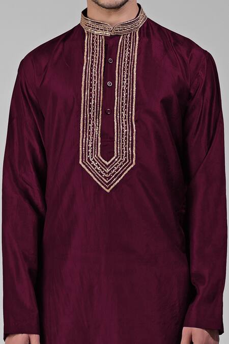 Talking Threads_Maroon Silk Sequins, Beads Embroidered Kurta_at_Aza_Fashions