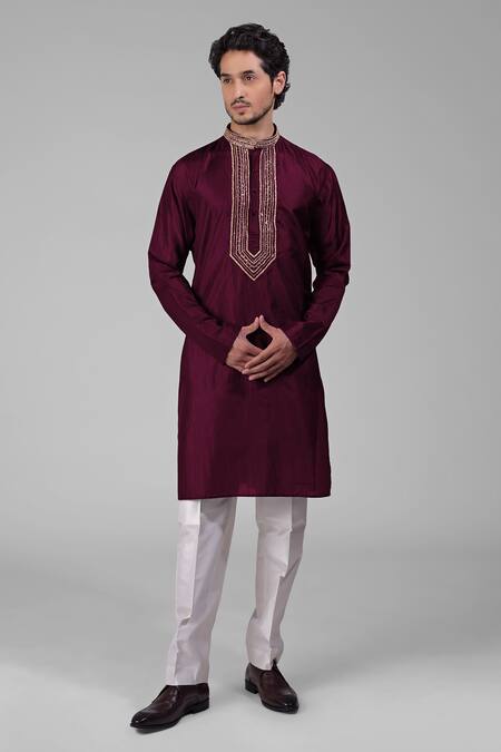 Buy_Talking Threads_Maroon Silk Sequins, Beads Embroidered Kurta