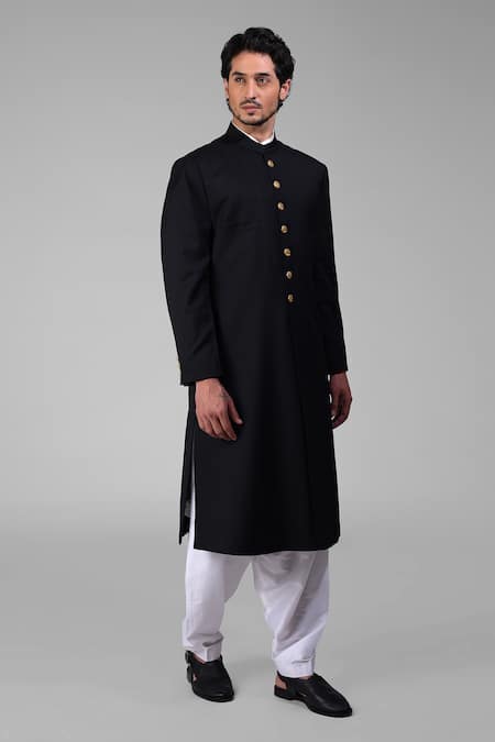 Shop_Talking Threads_Black Silk Sherwani And Pathani Set  _Online_at_Aza_Fashions