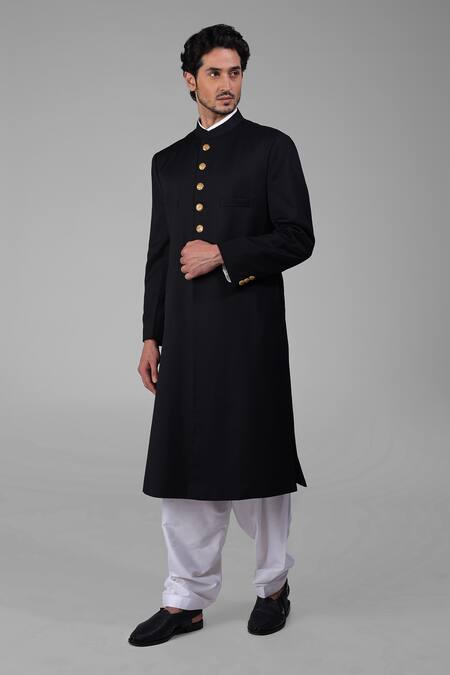 Talking Threads_Black Silk Sherwani And Pathani Set  _at_Aza_Fashions