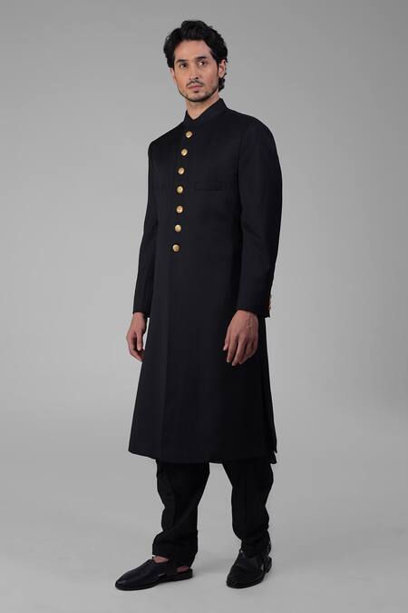 Talking Threads Black Silk Straight Sherwani And Pathani Set Online at Aza Fashions Talking Threads_Black Silk Straight Sherwani And Pathani Set _Online_at_Aza_Fashions