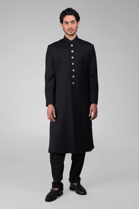 Shop Talking Threads Black Silk Straight Sherwani And Pathani Set Online at Aza Fashions Shop_Talking Threads_Black Silk Straight Sherwani And Pathani Set _Online_at_Aza_Fashions