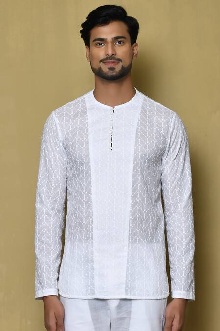 Arihant Rai Sinha_White Kurta Cotton Embroidered Work Short And Pant Set_Online_at_Aza_Fashions