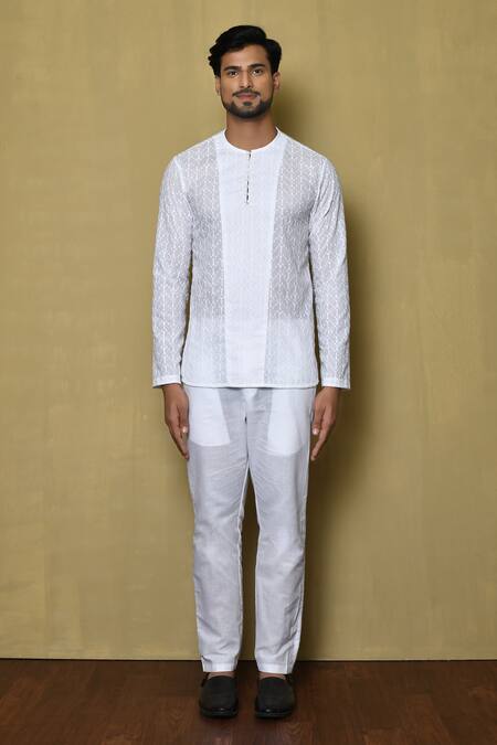 Shop_Arihant Rai Sinha_White Kurta Cotton Embroidered Work Short And Pant Set_Online_at_Aza_Fashions