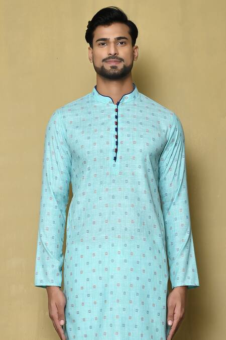 Arihant Rai Sinha Blue Kurta Jacquard Silk Checkered Pattern And Pant Set Online at Aza Fashions Arihant Rai Sinha_Blue Kurta Jacquard Silk Checkered Pattern And Pant Set_Online_at_Aza_Fashions