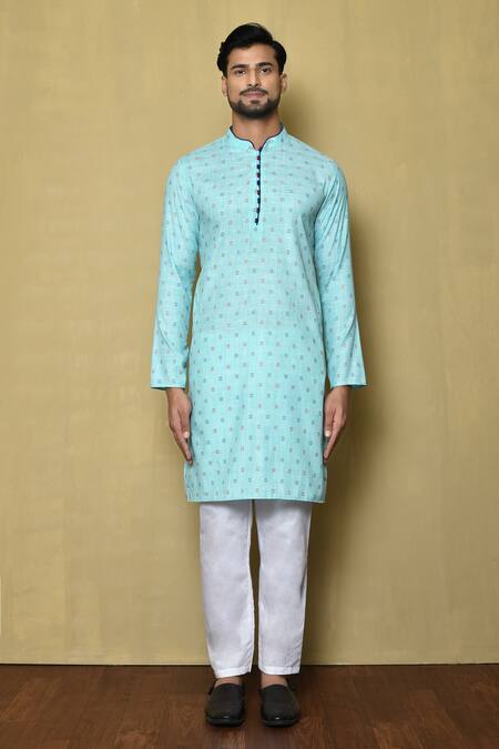 Shop_Arihant Rai Sinha_Blue Kurta Jacquard Silk Checkered Pattern And Pant Set_Online_at_Aza_Fashions