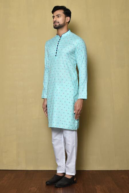 Arihant Rai Sinha_Blue Kurta Jacquard Silk Checkered Pattern And Pant Set_at_Aza_Fashions