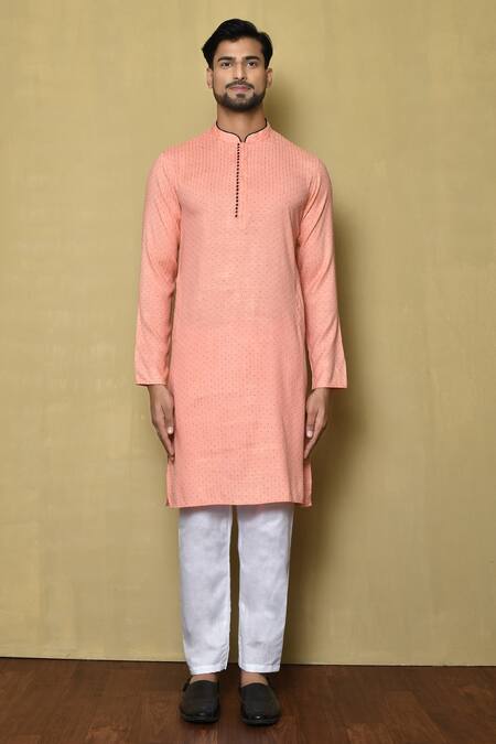 Buy_Arihant Rai Sinha_Peach Kurta Jacquard Silk Striped And White Pant Set_Online_at_Aza_Fashions