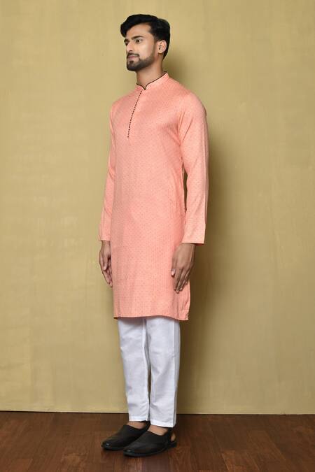 Shop_Arihant Rai Sinha_Peach Kurta Jacquard Silk Striped And White Pant Set_Online_at_Aza_Fashions
