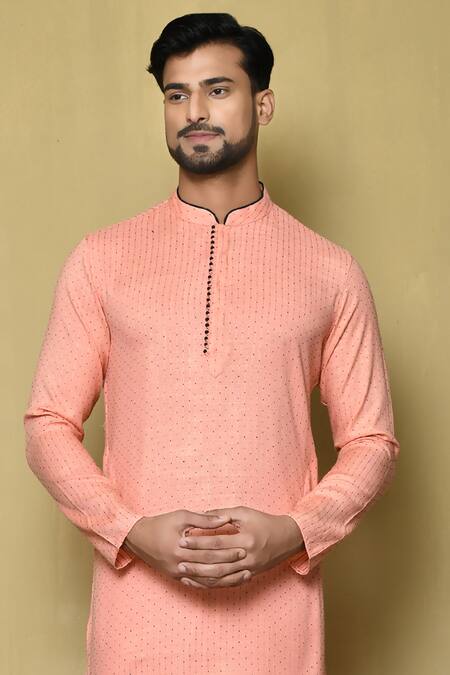 Arihant Rai Sinha Peach Kurta Jacquard Silk Striped And White Pant Set at Aza Fashions Arihant Rai Sinha_Peach Kurta Jacquard Silk Striped And White Pant Set_at_Aza_Fashions