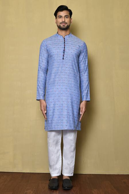 Buy_Arihant Rai Sinha_Blue Kurta Jacquard Silk Striped Checkered Pattern And White Pant Set_Online_at_Aza_Fashions