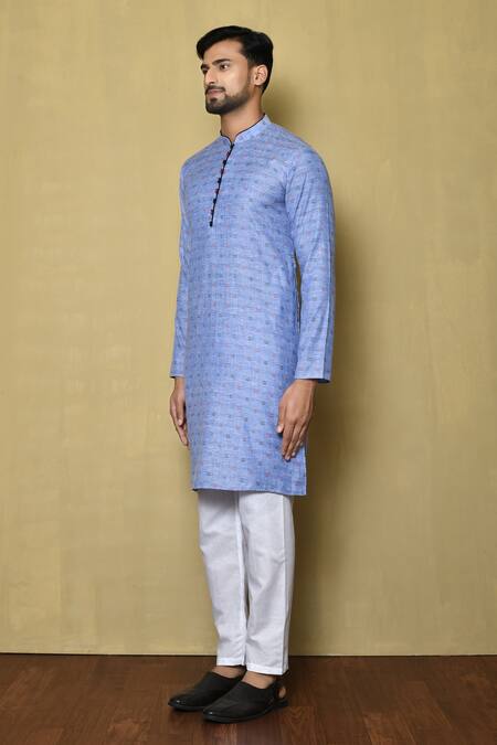 Shop_Arihant Rai Sinha_Blue Kurta Jacquard Silk Striped Checkered Pattern And White Pant Set_Online_at_Aza_Fashions