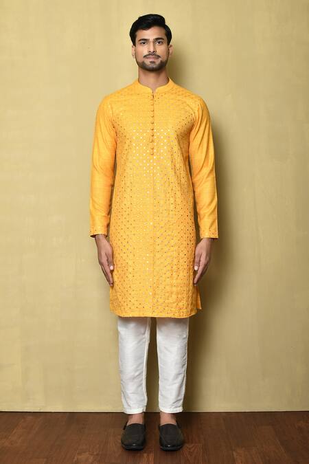 Buy_Arihant Rai Sinha_Yellow Kurta Silk Geometric Metallic Set_Online_at_Aza_Fashions