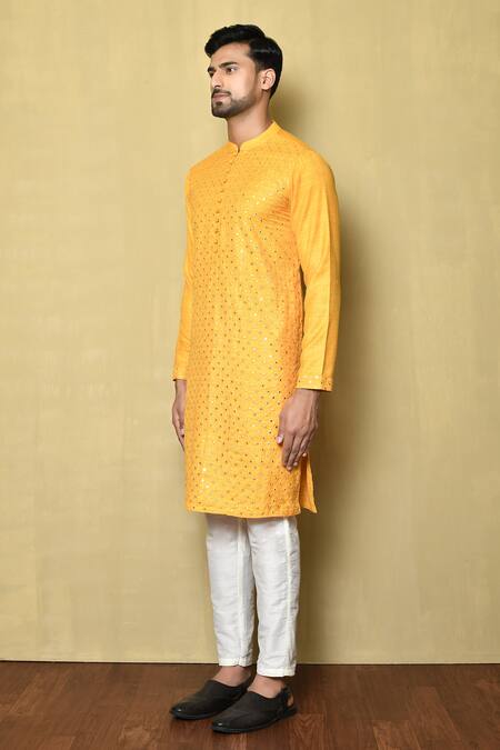 Shop_Arihant Rai Sinha_Yellow Kurta Silk Geometric Metallic Set_Online_at_Aza_Fashions