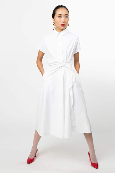 Leh Studios White 100% Cotton Plain Collar Curtain Dress 