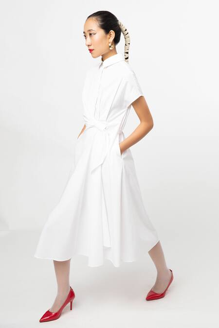 Shop_Leh Studios_White Cotton Collared Plain Curtain Dress _Online_at_Aza_Fashions