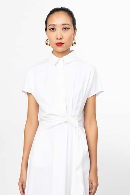 Leh Studios_White Cotton Collared Plain Curtain Dress _at_Aza_Fashions