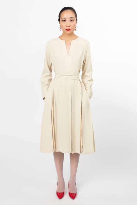 Leh Studios Beige 100% Viscose Plain Notched V Multi Pleated Dress 