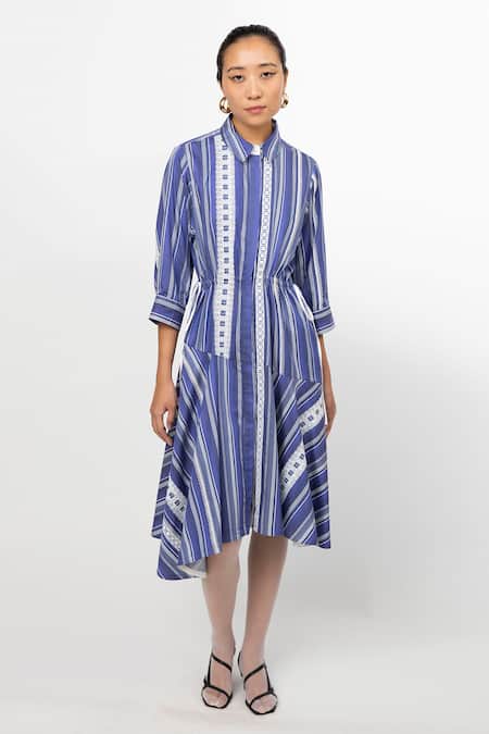 Leh Studios Blue Cotton Multi Striped Shirt Dress