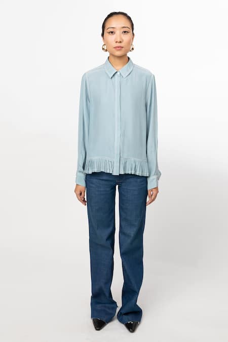 Leh Studios_Blue 100% Cotton Plain Straight Cut Denim Trouser  _Online_at_Aza_Fashions