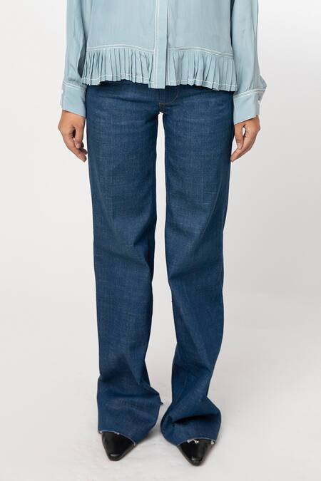 Buy_Leh Studios_Blue 100% Cotton Plain Straight Cut Denim Trouser  _Online_at_Aza_Fashions