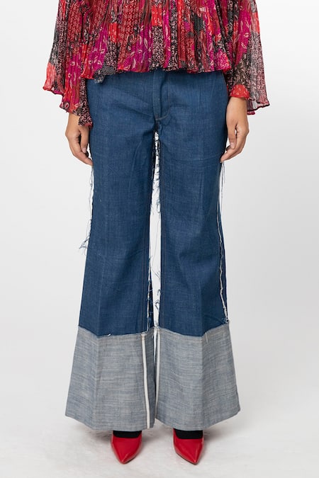 Leh Studios_Blue 100% Cotton Plain Flared Denim Trouser  _Online_at_Aza_Fashions