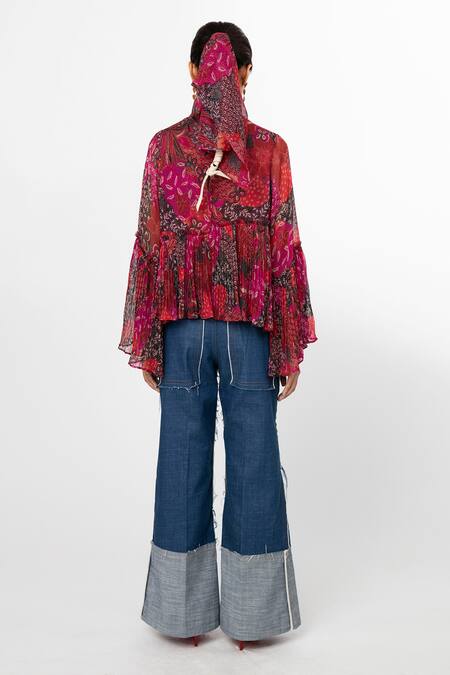 Shop_Leh Studios_Blue 100% Cotton Plain Flared Denim Trouser  _at_Aza_Fashions