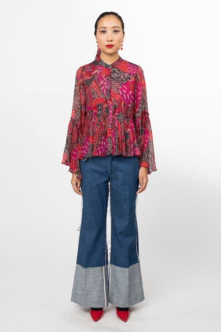 Buy_Leh Studios_Blue 100% Cotton Plain Flared Denim Trouser  _Online_at_Aza_Fashions