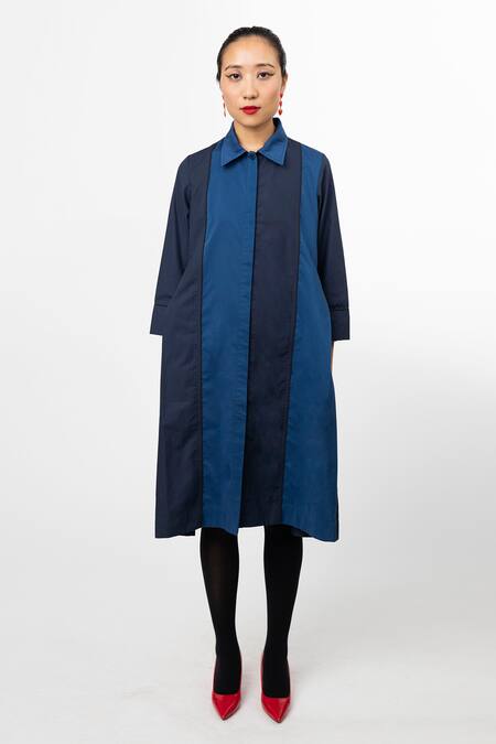 Leh Studios Blue Cotton Color Block Shirt Dress  3