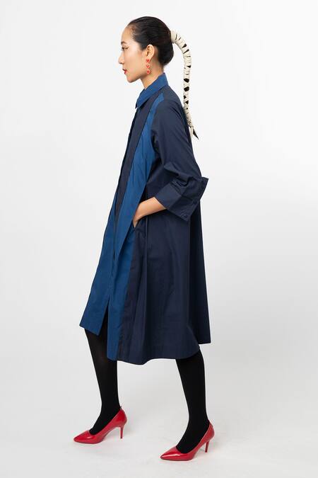 Leh Studios Blue Cotton Color Block Shirt Dress  4