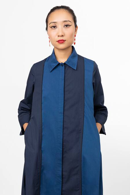 Leh Studios Blue Cotton Color Block Shirt Dress  5