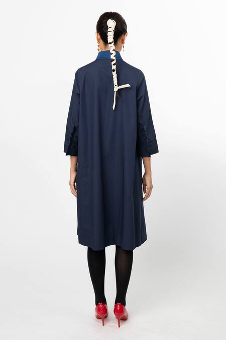 Leh Studios Blue Cotton Color Block Shirt Dress  2