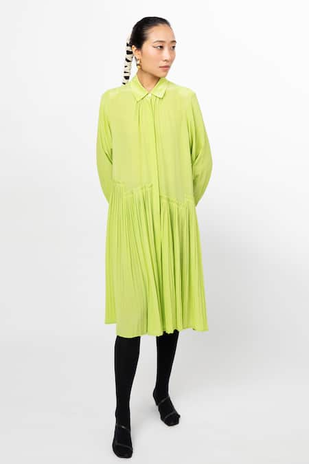 Leh Studios Green 100% Cotton Plain Collar Micro Pleated Flare Shirt Dress 
